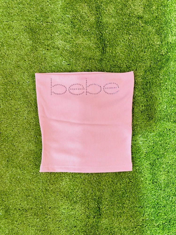 Pink fabric pouch with Bebe logo, square shape