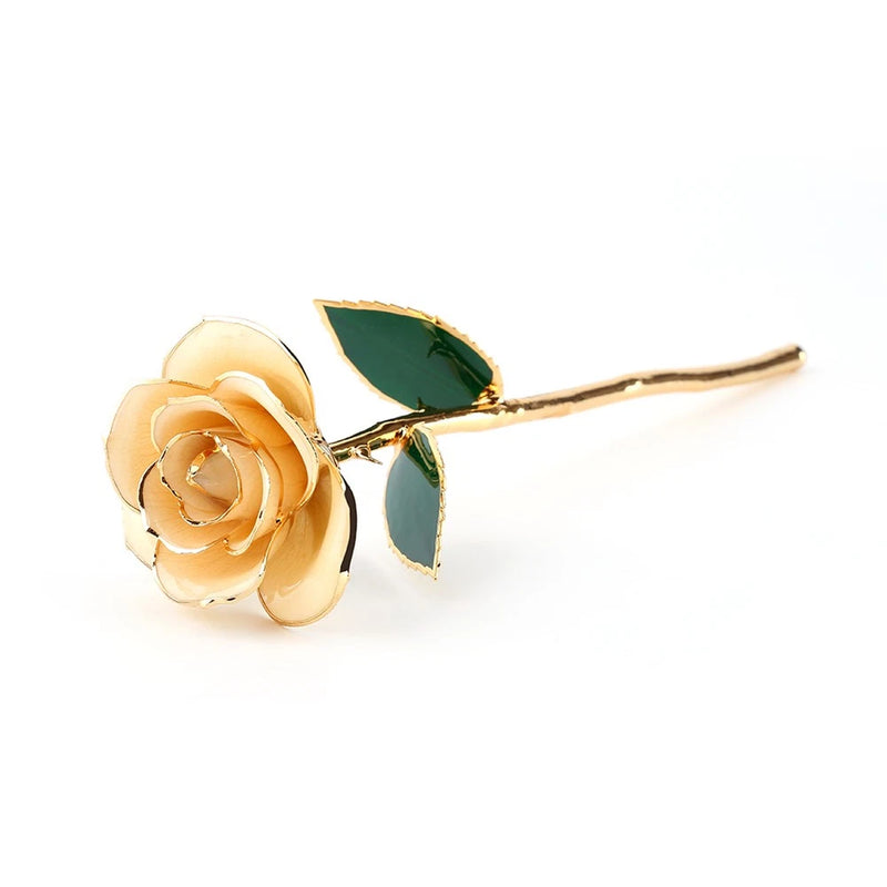 Gold-dipped rose with green leaves and straight stem, gift flower