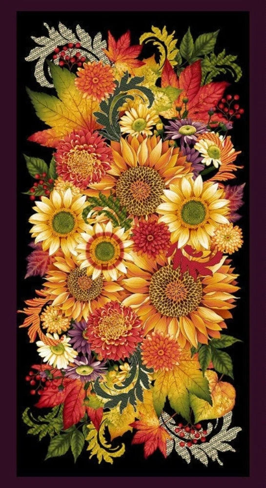 Autumn sunflower floral cotton fabric panel with leaves, berries, and layered blossoms