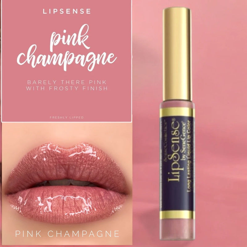 LipSense liquid lip color in pink champagne shade, glossy applicator bottle and lip swatch.