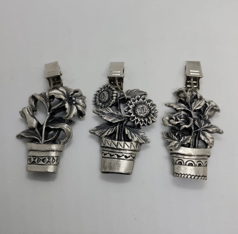 3 Pewter Clip Hanging  Ornaments Flowers Sunflower Lilly Rose Sunflower