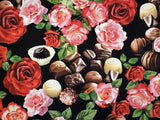 TRUE ROMANCE ROSES AND CHOCOLATES BY BENARTEX CANDY FLORAL Fabric 1/2 YD Roses