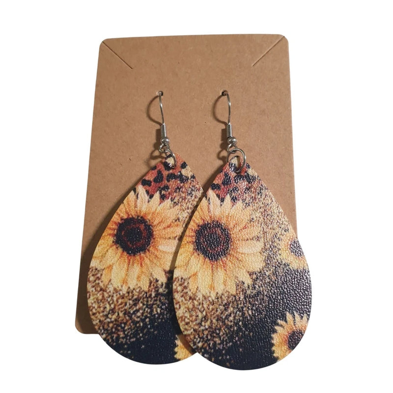 Sunflower teardrop dangle earrings with textured yellow-orange and navy fabric hooks