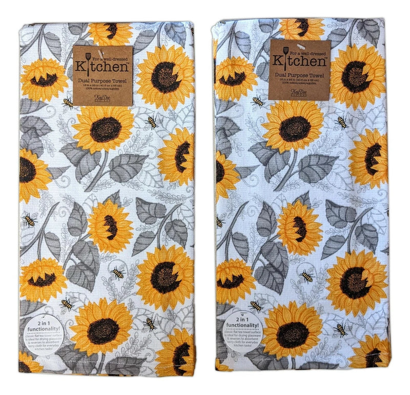 Set of 2 sunflower floral terry kitchen towels, light gray with bees and bold sunflowers