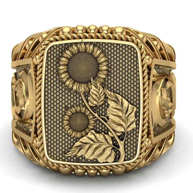 Gold-tone square sunflower ring with floral engraving and braided band