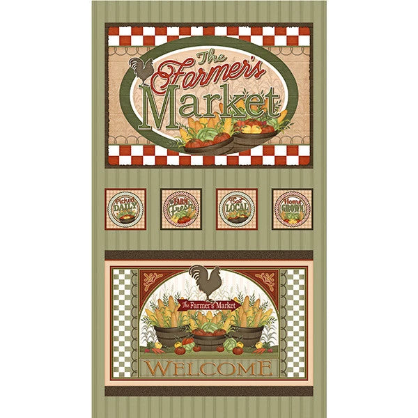 Angela Anderson Farm Fabric Vegetables QT Farmer's Market Welcome 24" Panel Flowering Plants