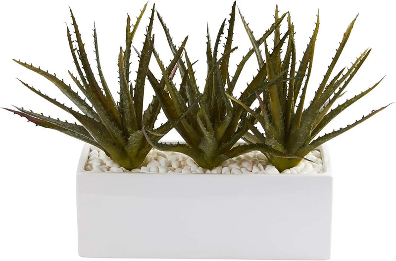 Mini Aloe Succulent in White Planter - 11In. Artificial Plant Decor Green Plant