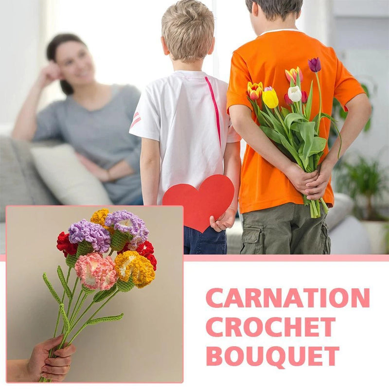 Crochet carnation bouquet of multicolor yarn flowers with green stems