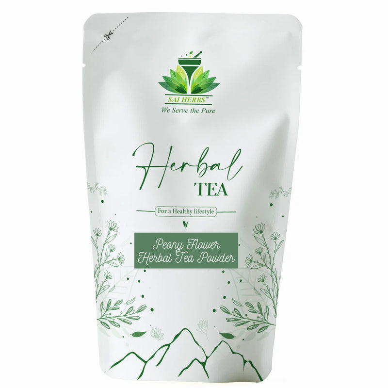 Herbal tea powder pouch, white with green leaf and peony flower label artwork