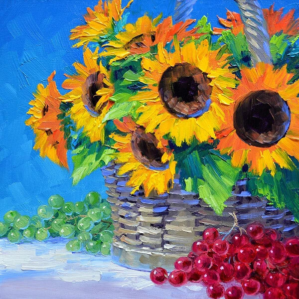 Sunflower canvas giclee art print with colorful blooms, dark centers, vase and red grapes