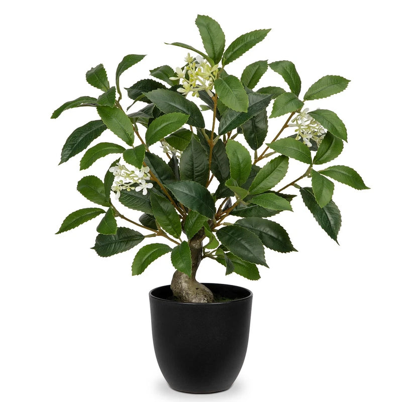 Artificial laurel-style plant with green leaves in a matte black pot
