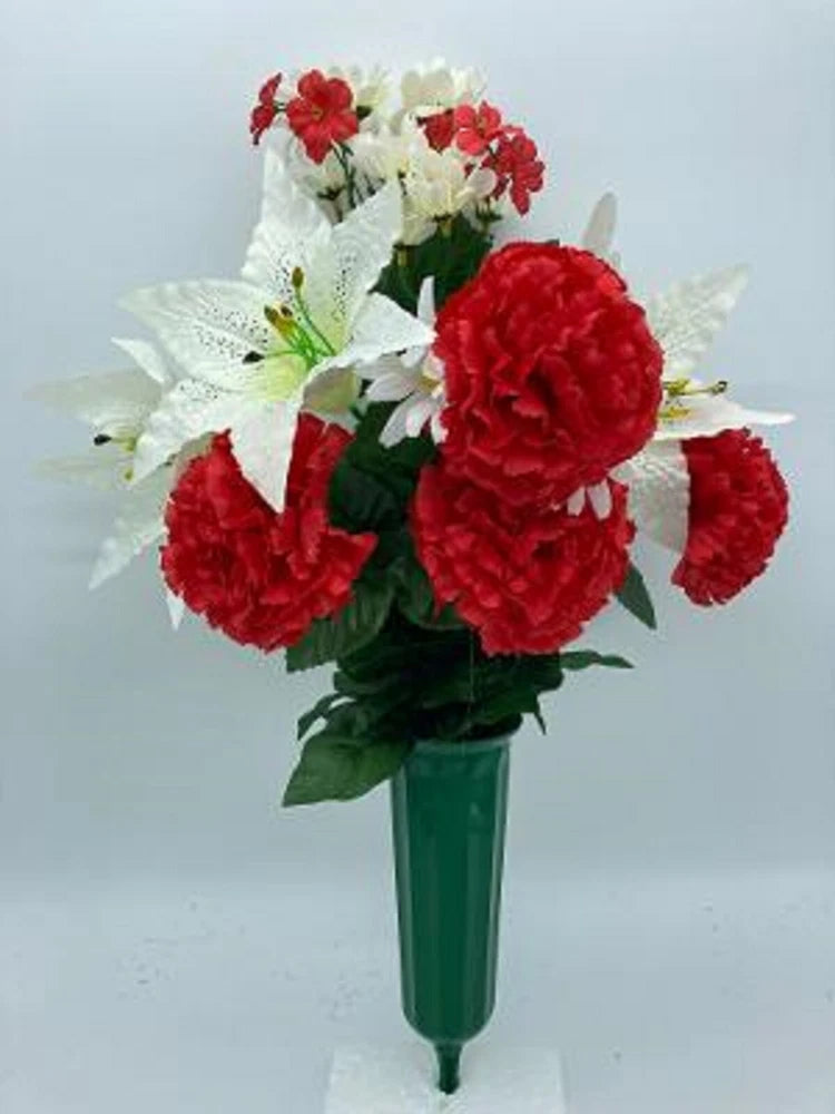 Silk Red Carnation & White Lilly Bouquet Vase Bouquet