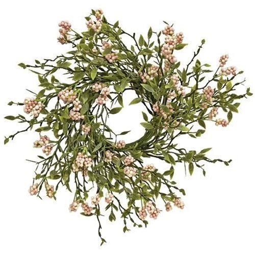 New Spring Summer PINK FLORAL GREEN TWIG LEAVES CANDLE RING Floral Wreath 3" Roses
