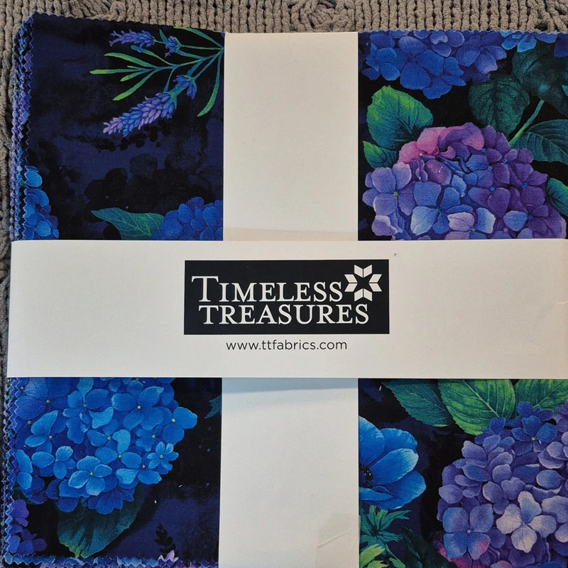 Timeless Treasures Misty Floral Hydrangea 10" Squares 42pcs Blue Purple Hydrangea