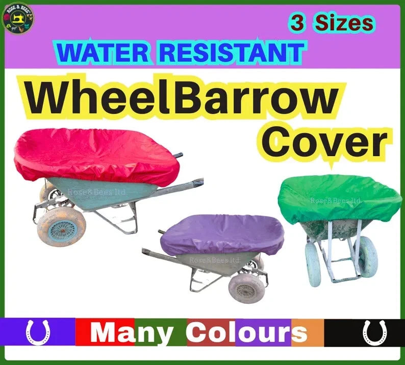 Water-resistant wheelbarrow cover set: red, purple, green with drawstring