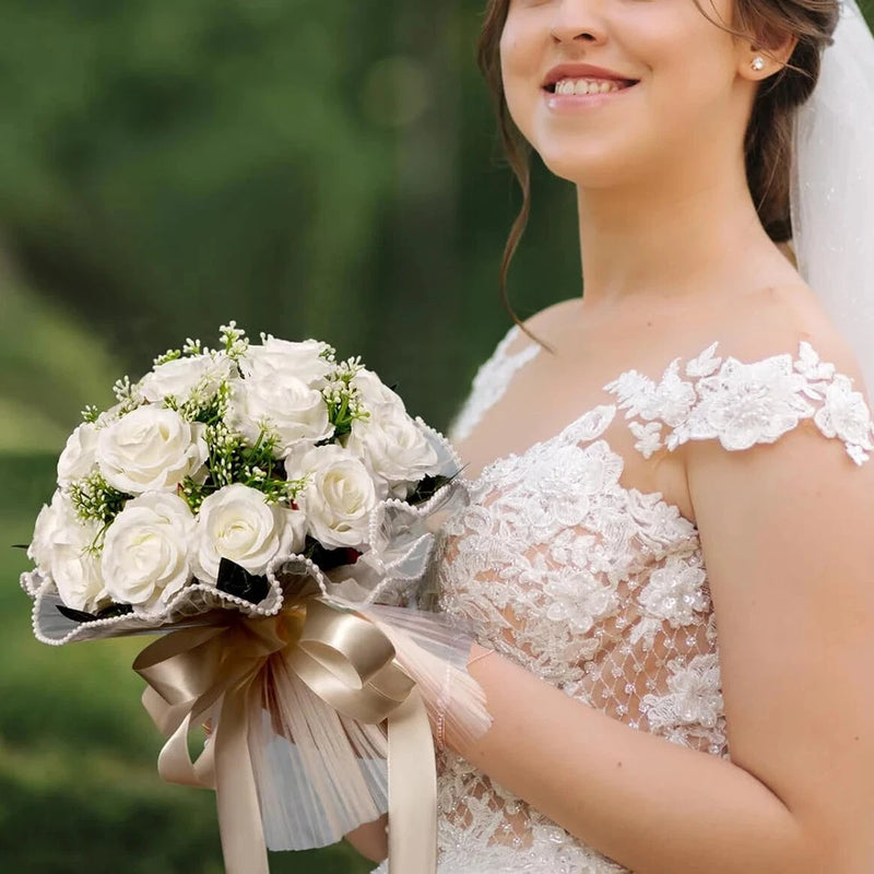 Wedding Bouquets Bride Ivory White Artificial Flower Bouquet with Silk Ribbon Bouquet