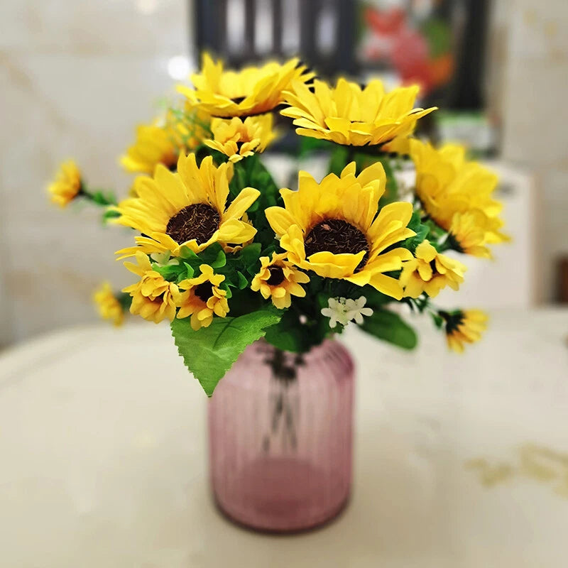 Artificial sunflower bouquet with 13 yellow blooms, green leaves, in a vase