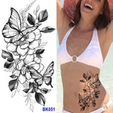 Black Flower Butterfly Peony Body Temporary Tattoos Hand Drawing Sketch Arm Leg Peony