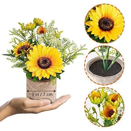 Artificial yellow sunflower bouquet in gray pot with green leaves, approx. 3 in (7 cm).