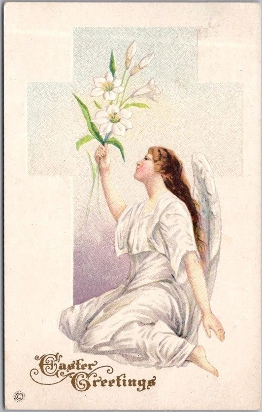 Vintage 1917 EASTER Postcard Angel Woman with White Lily Flowers / STECHER 4C Lily