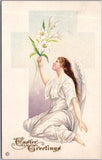 Vintage 1917 EASTER Postcard Angel Woman with White Lily Flowers / STECHER 4C Lily