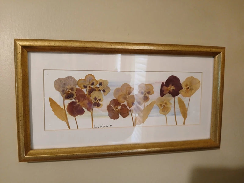 Framed vintage dried flower wall art with pressed purple and yellow blooms