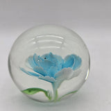 Vintage LIGHT BLUE FLOWER art glass Paperweight carnation studio hand blown Carnation