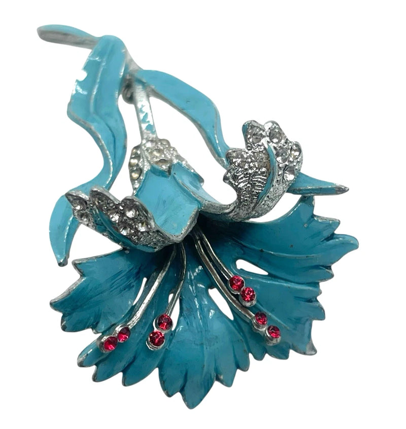 Vintage 1940's Carnation Figural Enameled Flower Broch, Pave Rhinestones Carnation