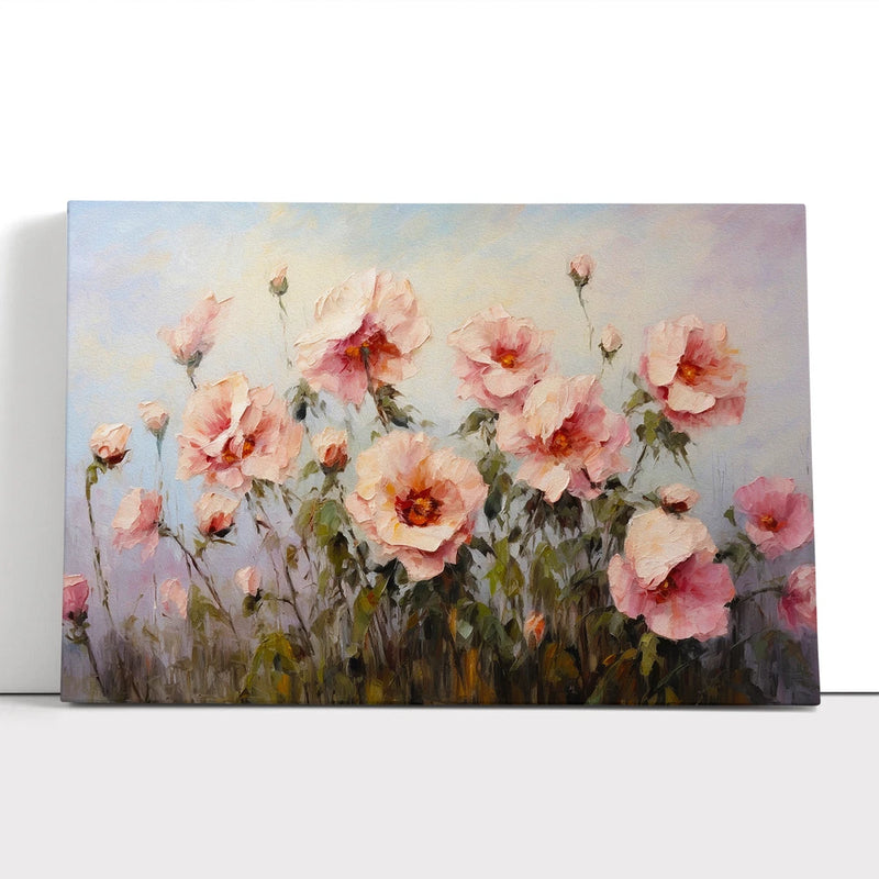 Framed canvas wall art print with pink peony flowers in impressionist style
