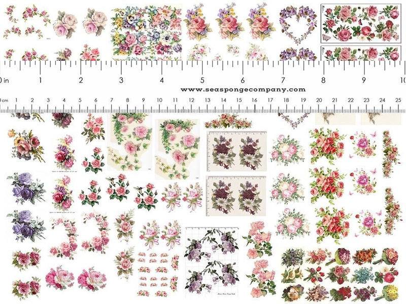 Shabby chic floral rose miniature decal set with assorted bouquets and borders, 1:12 scale