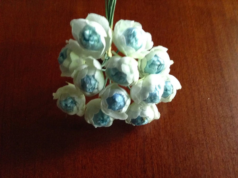 Teal-blue rose bud flower bunch for hat or hair crown, clustered 12-pc