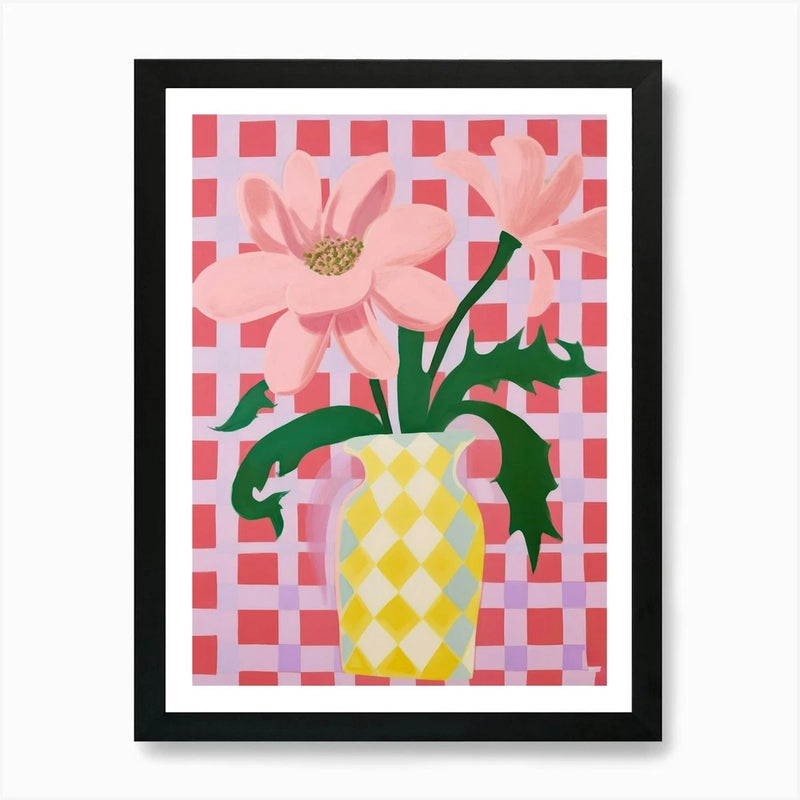 Framed wall art print featuring pink lilies in a yellow checkered vase on a pink pattern