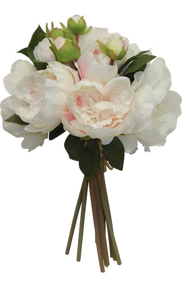Realistic peony bouquet with pink and white blooms, green leaves, and wrapped stems