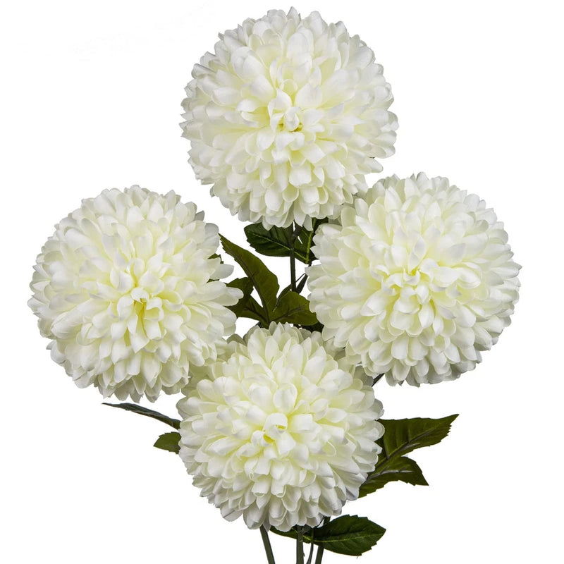 Artificial chrysanthemum ball flowers with five large cream white blooms and green leaves on stems
