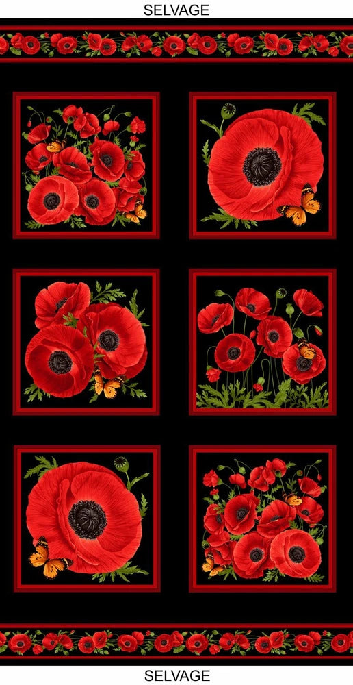 Red Poppy Flowers Fabric Chong A Hwang Cotton Timeless Treasures C8470 24" Panel Flowering Plants