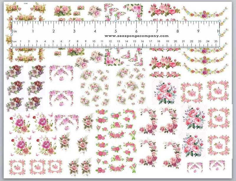 1:12 shabby chic floral rose miniature decal sheet, assorted pink designs