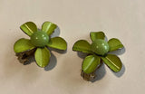 Green Enamel / Metal Clip-On 1" Sunflower Style Earrings ~ Vintage ~ White Back Sunflower