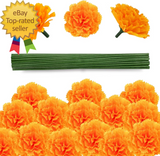 80 Pcs Artificial Marigold Flowers 2" Silk Marigold Flower Heads with Stems Green Plant