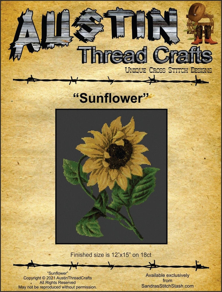 Sunflower cross stitch pattern sheet with finished sunflower design on dark square