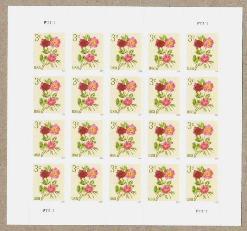 Mint 3c peony flower stamp sheet with five-by-three USA labels