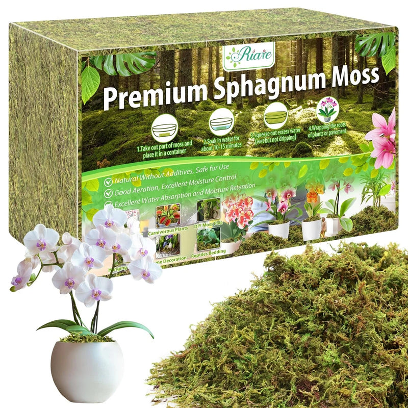 Premium sphagnum moss for orchids, shown with packaged box and loose moss