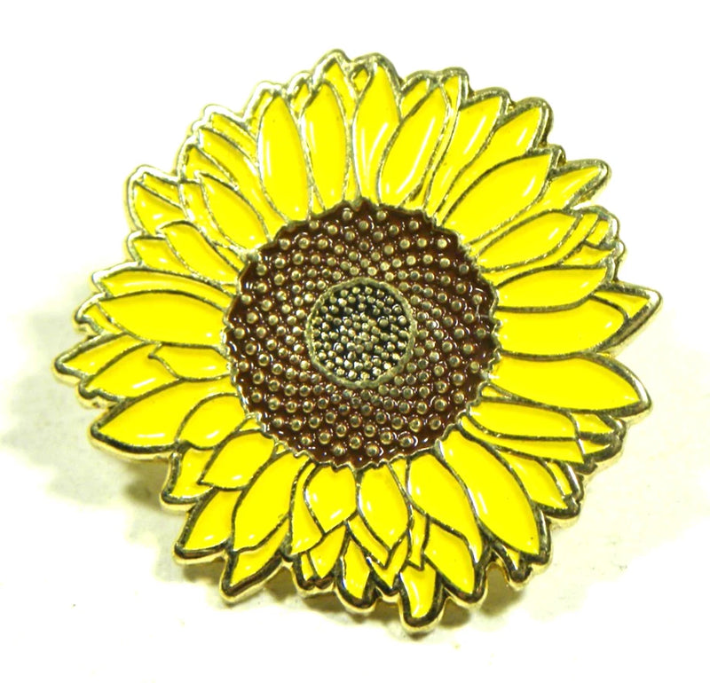 Yellow sunflower enamel lapel pin with dark bead-like center and gold-tone petals