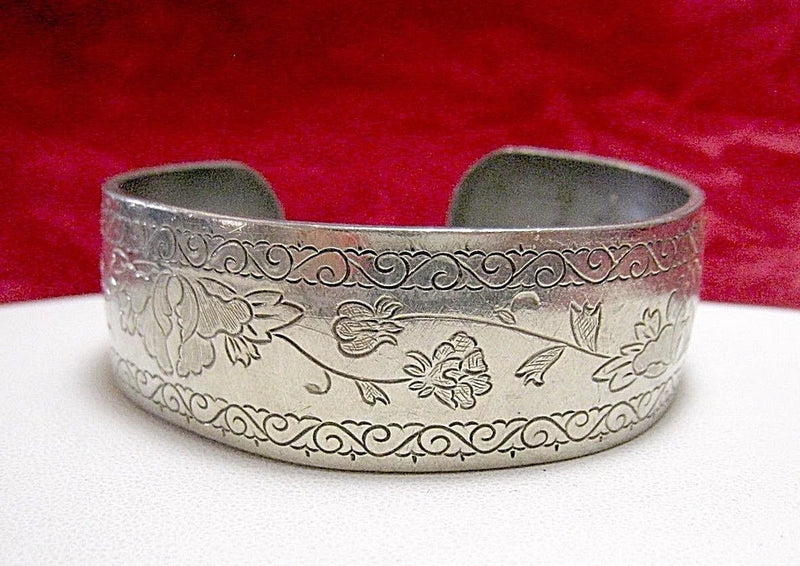 VINTAGE KIRK STIEFF PEWTER SPRING PEONY FLOWER CUFF BRACELET Peony