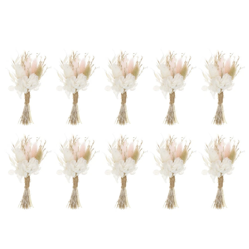 Set of 10 mini dried pampas grass flower bouquets, cream with soft pink accents