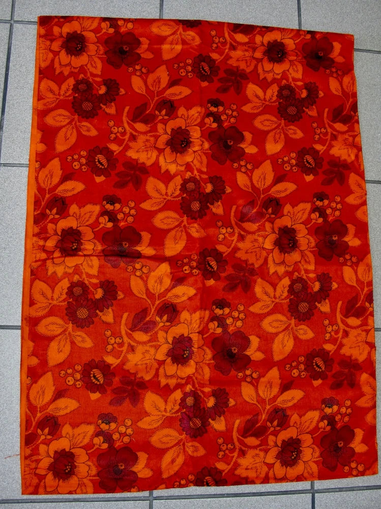 Cotton flannel fabric, orange with red and pink rose floral pattern
