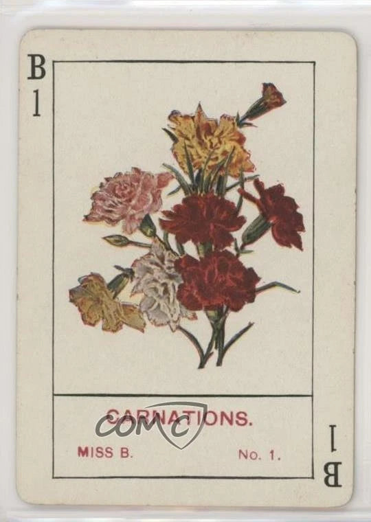 Vintage card with illustrated carnation bouquet in red, pink, and yellow flowers