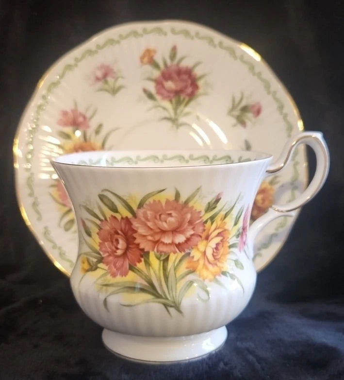 Rosina Queens January Carnation Flowers Tea Cup Saucer set Bone China *READ Carnation