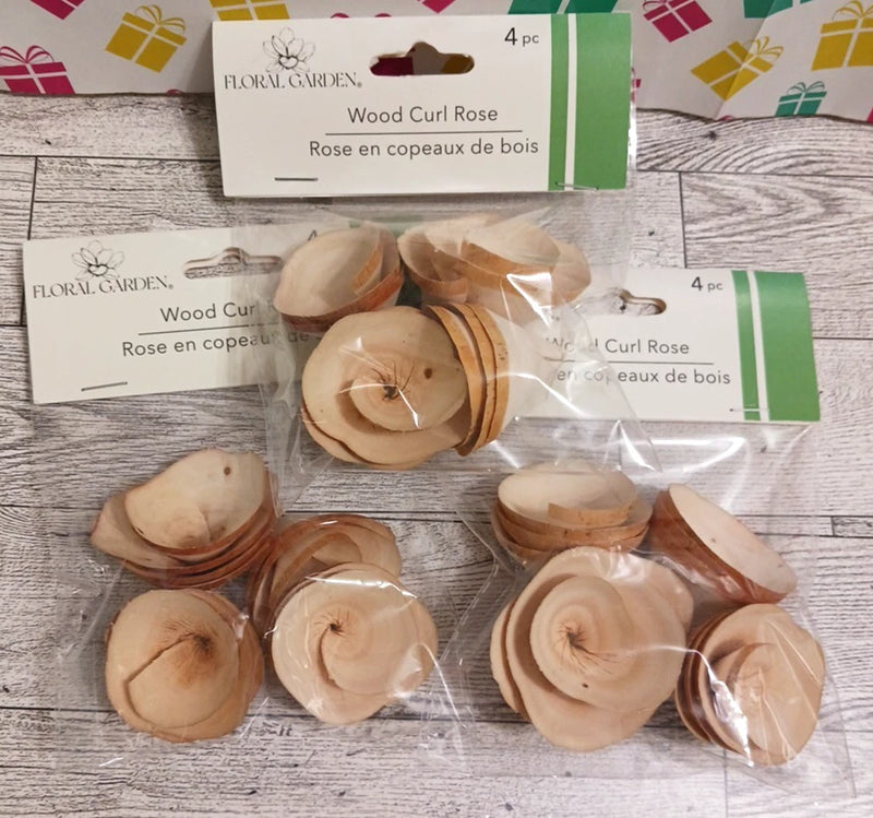 Set of wood curl roses for crafting, light wood petal pieces with center cores