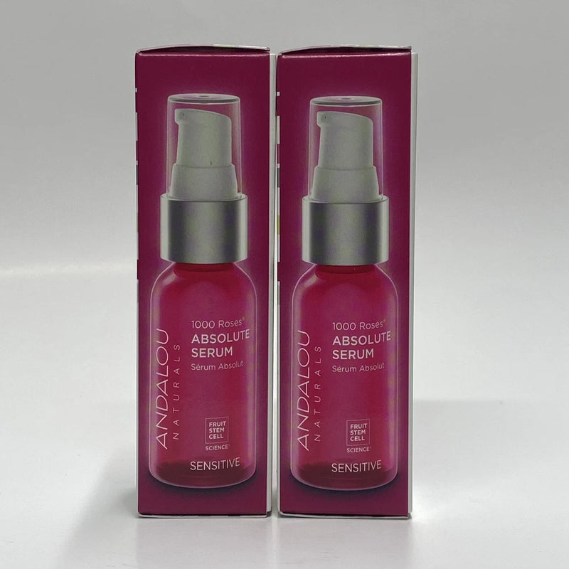 Andalou Naturals rose absolute serum, 2-pack with pump bottles in magenta boxes