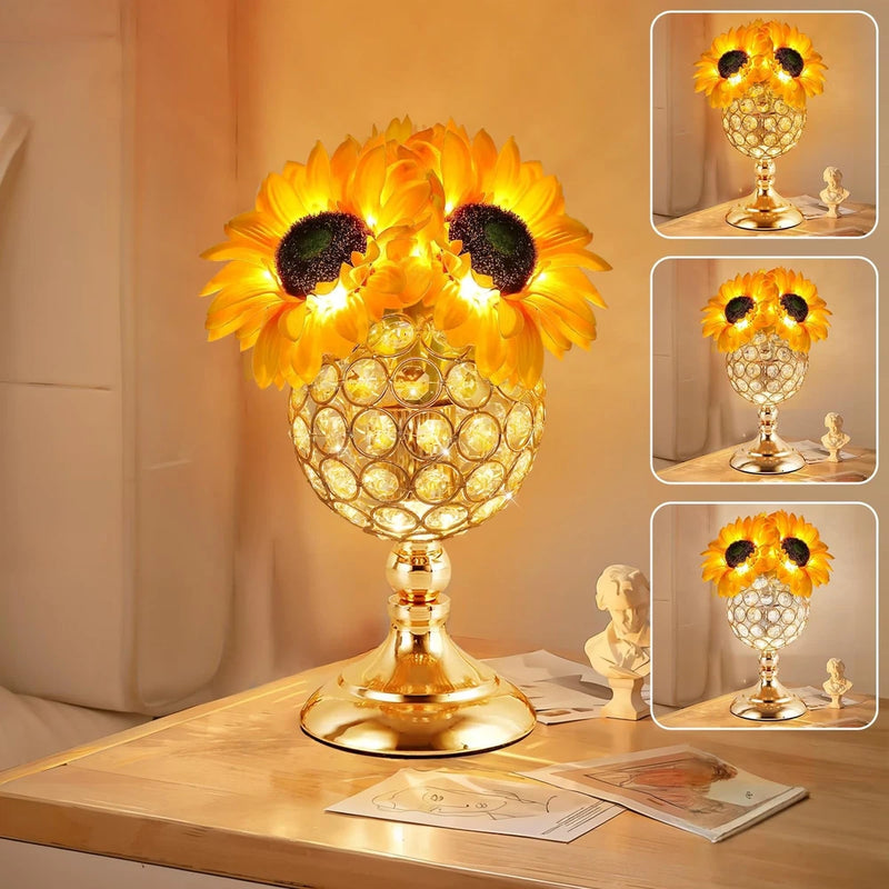 Sunflower touch table lamp with glowing sunflower glass shade and gold base